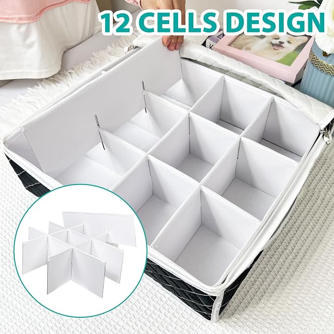 China Dinnerware Storage Containers Set- Dish,Mug,Stemware Storage Cases - Quilted Box Bins Stackable with Divider,handles,Clear Window for Cups,Plates,Wine Glasses Moving Set of 6 (Black)