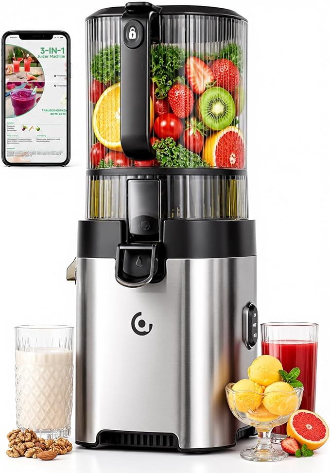 AMZCHEF Cold Press Juicer, 6.5" Whole Fruit Self-Feeding Slow Juicer | 3-in-1 Juicer Machine for Juice, Nut Milk & Sorbet, 90oz Large Capacity, Easy to Clean Design, Triple Strainers, Large Auger