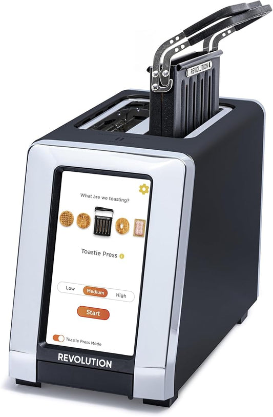 Revolution (Bundle) R180 Connect Touchscreen Smart Toaster + Toastie Press – Choose from 6 Bread Types, 7 Browning Levels, & Toastie Press Mode (Black, 2-Slice)