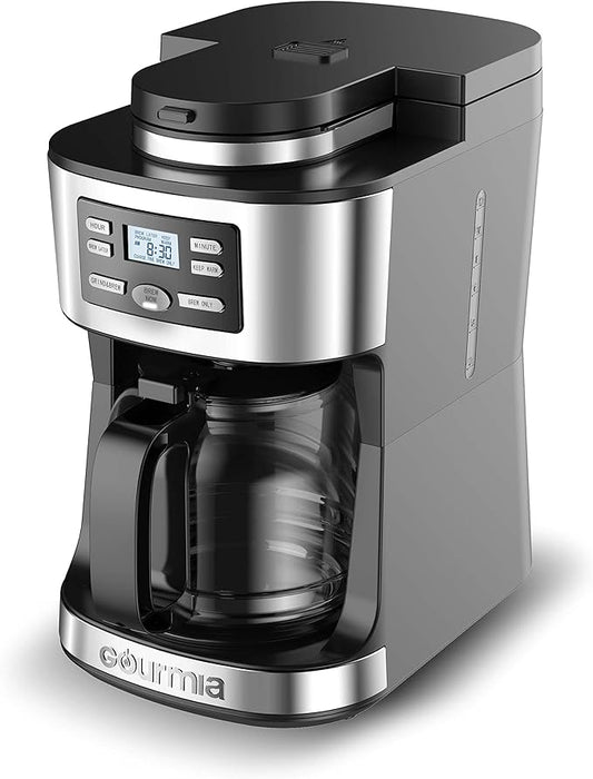 Gourmia Digital Coffee Machine 12Cup FullyAutomatic Large coffee maker integrated CoffeeGrinder,Pot,stainless steel mesh coffee filter 4Hr KeepWarm and Freshness Indicator GCM3180,Black and Silver