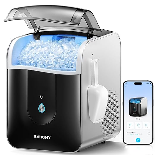 EUHOMY Smart Nugget Ice Maker Countertop, Sonic Ice Maker Machine with APP Control, Ready in 7 Mins, 40lbs/24H, Self-Cleaning, Portable Pebble Ice Makers with Hanging Ice Scoop for Home/Kitchen/Office