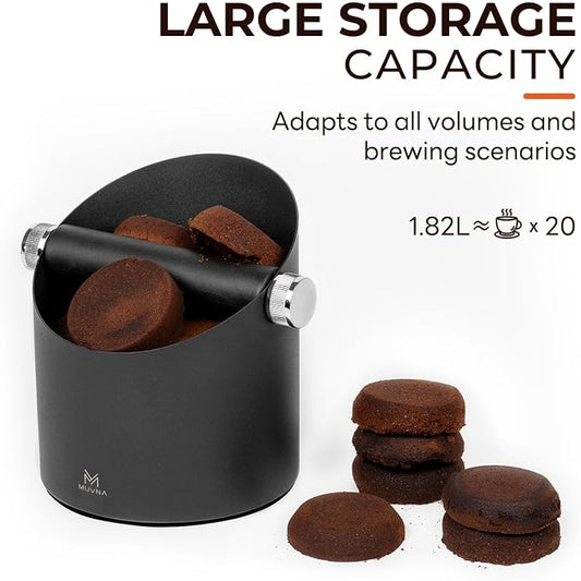 Espresso Knock Box, Coffee Grounds Container, Large 15-Puck Capacity - Shock Absorbent Silent Silicone Bar & Non-Slip Base, Slanted Mouth Trash Can for Home Barista, Espresso Accessories (Black)