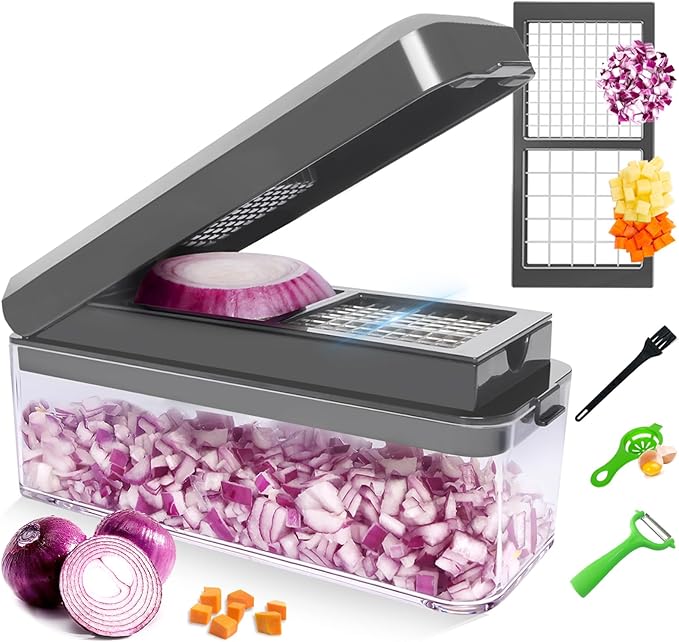 Vegetable Chopper, Onion Chopper Dicer, Mandoline Slicer with Container, Vegetable Cutter for Salad Potato Carrot Garlic（2 Blades, Grey）