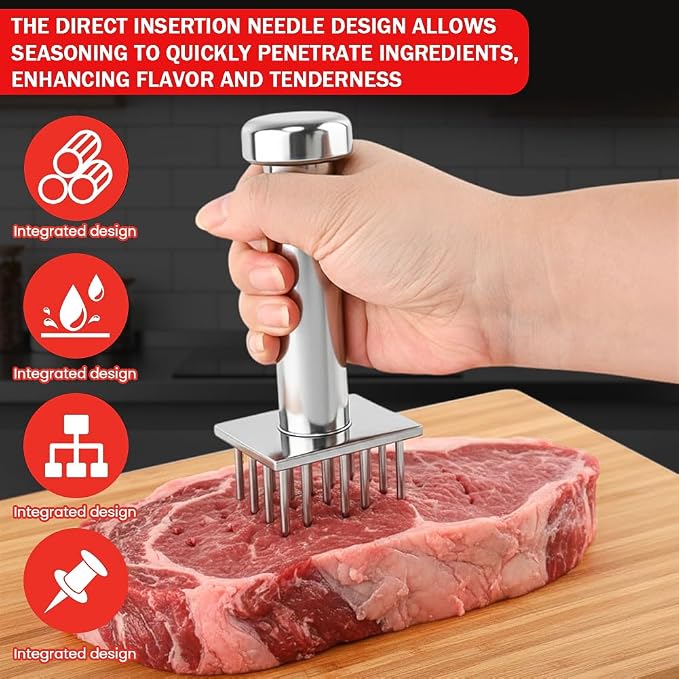 Meat Tenderizer Tool with 18 Sharp Needles, Stainless Steel Meat Tenderizer Mallet One-Piece Design, Easy Grip Meats Mallet Hammer for Tenderizing Chicken Beef Pork