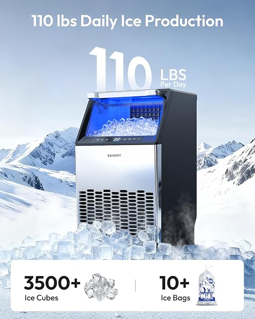EUHOMY Commercial Ice Maker Machine,110lbs/24H Stainless Steel Under Counter Ice Machine with 33lbs Storage Bin, Freestanding Ice Maker for Home/Bar/Cafe/Restaurant(Mirror-Polished Stainless Steel)