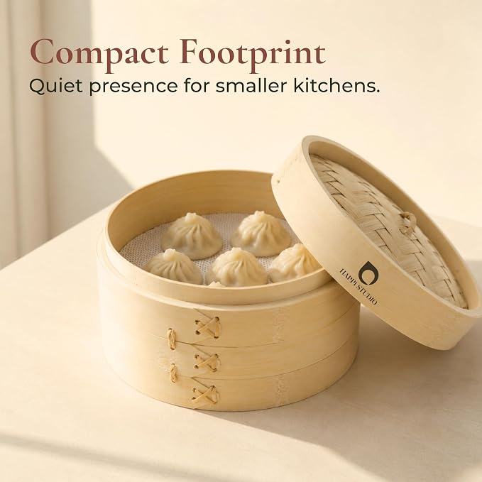 Bamboo Steamer Basket 8-Inch, 2-Tier Dumpling Steamer Cooking | Incl. Silicone Liners, Sauce Dish, Chopsticks - Small Steam Baskets - Food, Dim Sum, Bao Bun, Rice, Momo, Rice, Vegetables