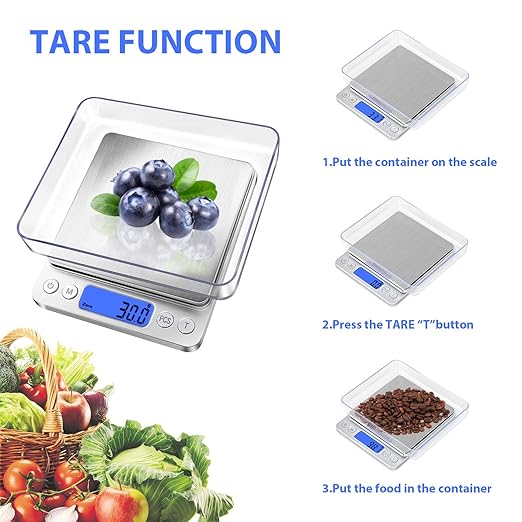 Digital Food Kitchen Scale, 3000g/0.1g High Accuracy Mini Pocket Scale Measures in Grams and oz for Cooking, Baking, Jewelry, Tare Function,2 Trays, LCD Display (Batteries Included)