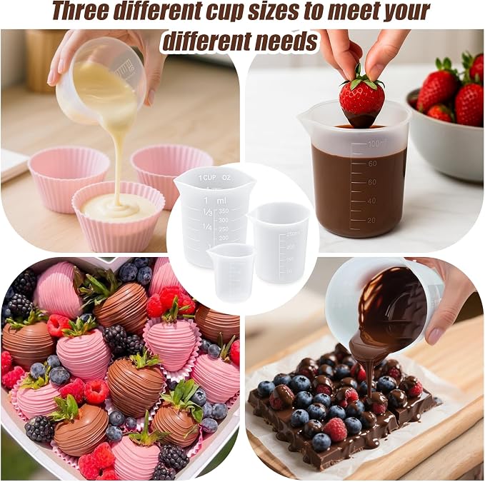 Juome 6PCS Silicone Measuring Cups for Melting Chocolate - Silicone Chocolate Melting Cup Set with 100/250/350ml Capacity, Dishwasher Safe, Baking Supplies Accessories for DIY Chocolate Molds