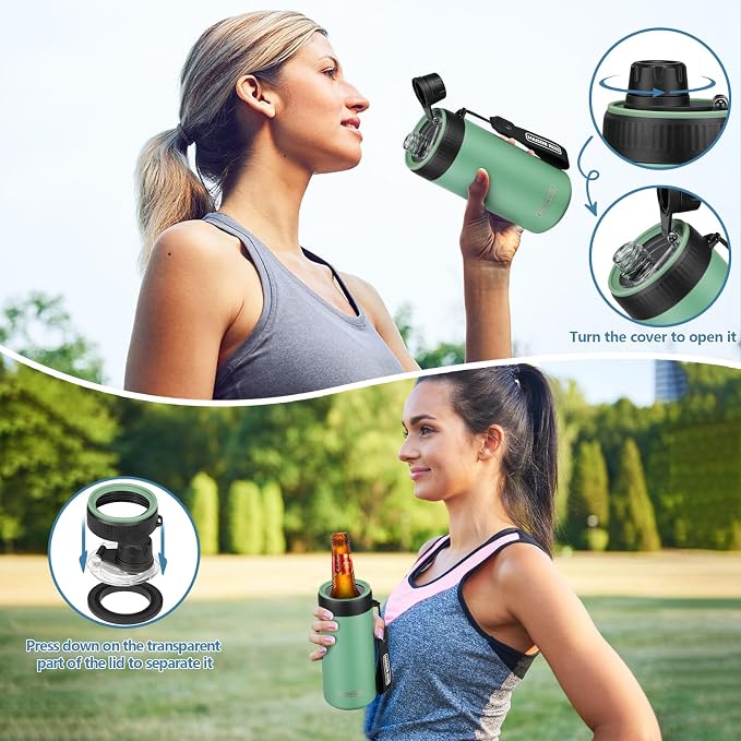 4 In 1 Beer Can Cooler Bottle Holder with Drinking Spout Lid for 12oz Regular, Slim Skinny Cans and Thermal Bottles,Sealed Insulated Double Wall Vacuum Stainless Steel Can Keeps Your Drinks Cold