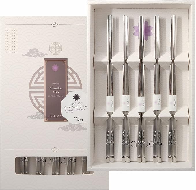 Chopsticks [Made in Korea][5 Sets] 430 Premium Stainless Steel Chopsticks, Mukbang Kitchen Utensil, Cutlery Silverware Stainless Tableware (Sunflower)