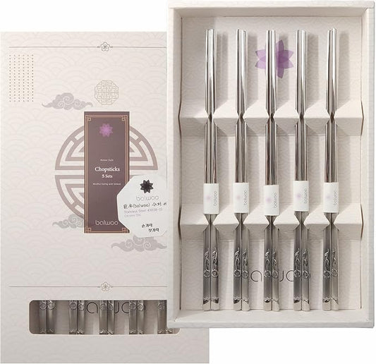 Chopsticks [Made in Korea][5 Sets] 430 Premium Stainless Steel Chopsticks, Mukbang Kitchen Utensil, Cutlery Silverware Stainless Tableware (Sunflower)