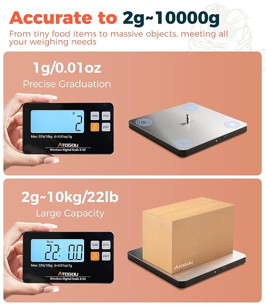 Atogou Wireless Kitchen Scale, 22lb/10kg Food Scale with Detachable Display & Larger Platform, 0.01oz/1g, 9 Units, Counting Function, Stainless Steel, for Cooking, Baking, Shipping, Sliver