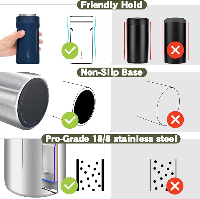 3 In 1 Insulated Universal Can Cooler - Signice Double Walled Vacuum Insulator Stainless Steel Slim Can Cooler for 12 Oz Skinny Tall Standard Regular Can Beer Bottle (Navy Blue)