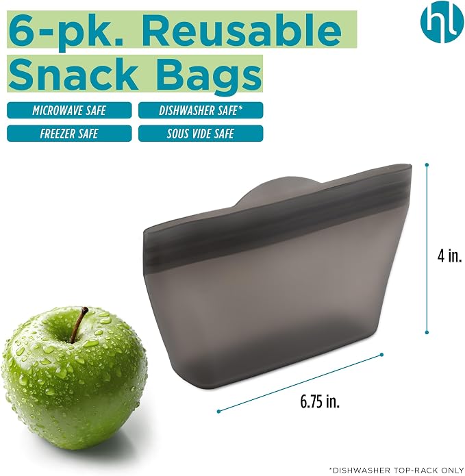 Home Logic Reusable Snack Bags - Set of 6 Alloy Grey Silicone Freezer Bags, Airtight Leak Resistant Reusable Zip Bags for Kitchen Home Food Prep, Microwave & Sous Vide Safe