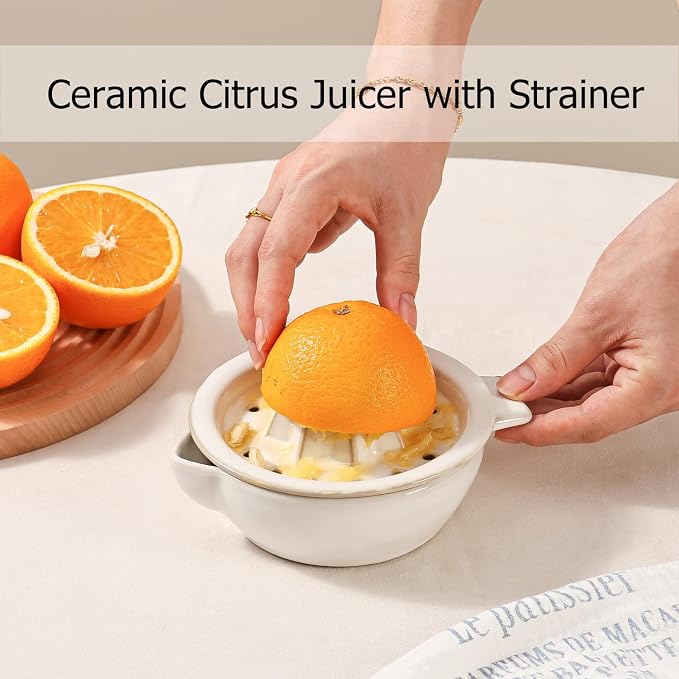 Ceramic Citrus Lemon Orange Juicer Manual Squeezer, Hand Juicer Reamer | Rotation Press with Strainer Lid, Spout, Handle, Dishwasher Safe, Easy to Clean
