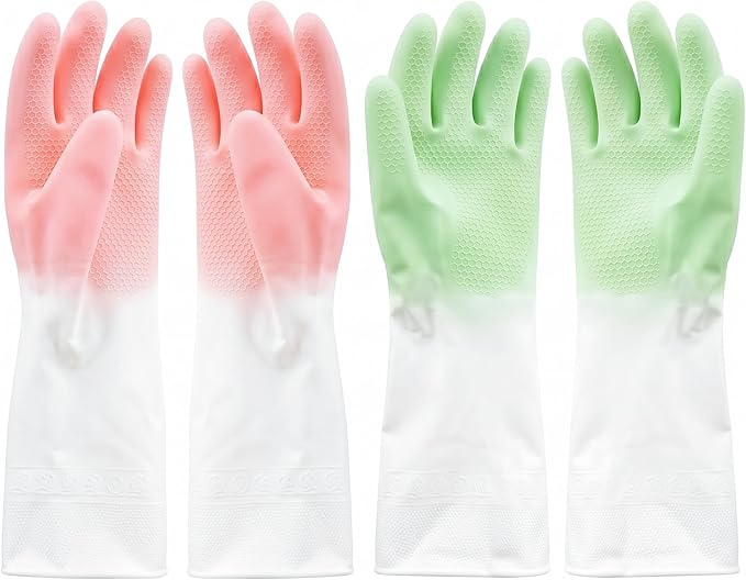 Cleaning Gloves 2 Pairs, Medium Reusable Dishwashing Gloves Honeycomb Non-Slip Grip, Waterproof Long Cuff Household Gloves for Kitchen Dishes Bathroom Laundry Pet Bath, Mint Green & Pink for Women