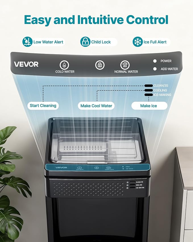 VEVOR Water Dispenser with Ice Maker, 3-in-1 Floor-Standing Water Dispenser, 33 LBS/24H, 9 Cubes/7 Min Fast Ice Making with 1.3 LBS Storage, Bullet Ice-Cubes & Cold-Water, for Home, Kitchen, Party