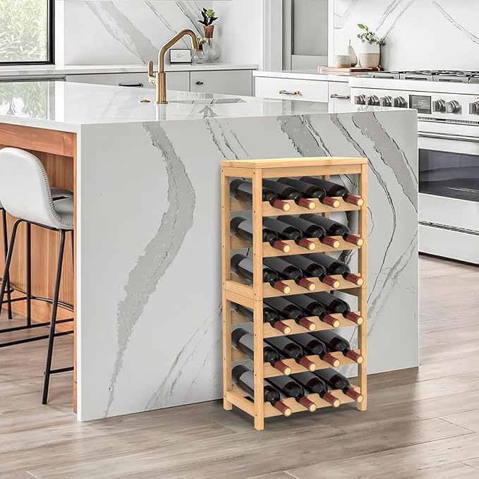 Wine Rack Free Standing Floor,6 Tier 24 Bottles Floor Wine Storage Shelves | Bamboo Wine Rack with Table Top,Wine Organizer Shelf for Kitchen Dining Room Bar,Easy-Assembly