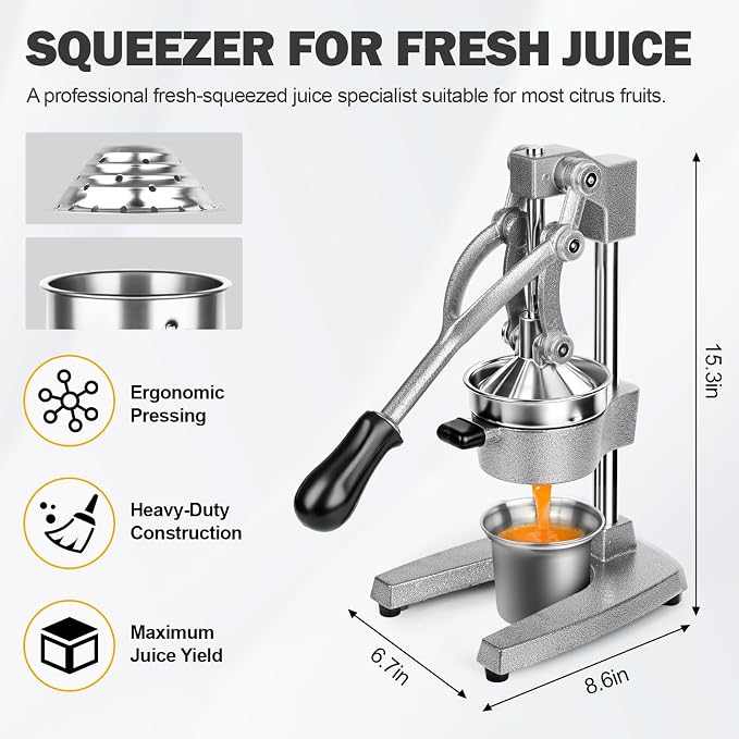 Manual Citrus Juicer Press, Heavy Duty Cast Iron Lemon Squeezer with Stainless Steel Cone, Commercial Hand Press Juicer for Orange, Lemon & Lime, Easy to Clean