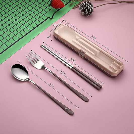 DEVICO Travel Utensils with Case, 18/8 Stainless Steel Silverware for Lunch | 4Pcs Portable Reusable Travel Cutlery Set, Korean Chopsticks Fork and Spoon Set for Camping/Picnic/Work/Gadgets/School, Brown