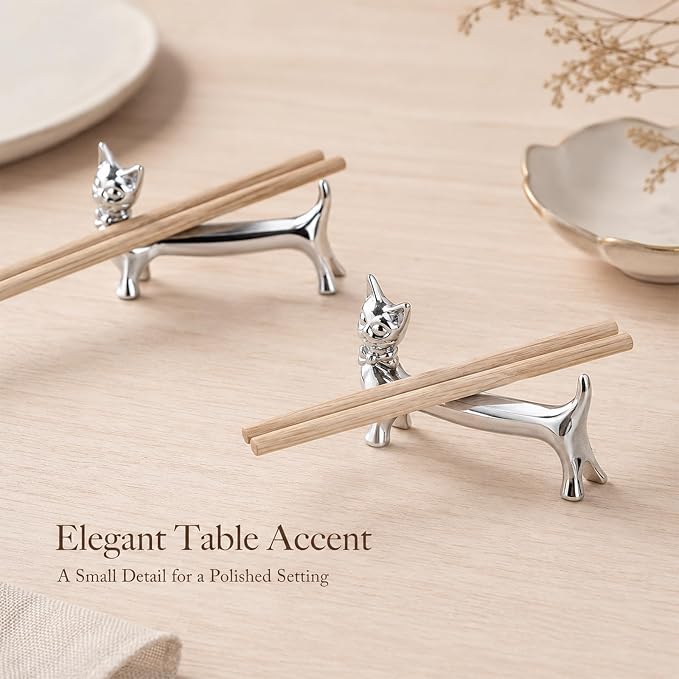 ChezMax Pack of 5 Zinc Alloy Chopsticks Spoon Forks Knives Tableware Rest Set, Silver Bow Tie Cat