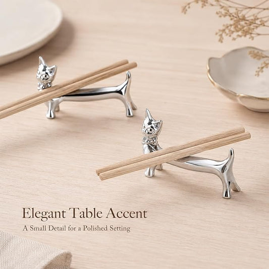 ChezMax Pack of 5 Zinc Alloy Chopsticks Spoon Forks Knives Tableware Rest Set, Silver Bow Tie Cat
