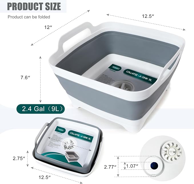 FOSJGO Collapsible Dish Basin with Drain Plug, Foldable Sink, 2.4 Gal (9L) | Space-Saving Wash Basin for Kitchen, Baby Bottles, Vegetable Washing, Camping, RV and Party Beverage Tubs