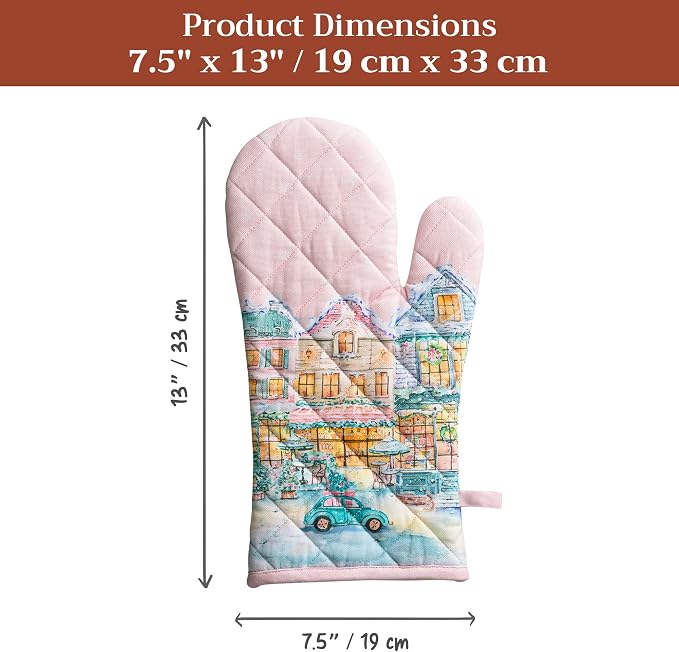 Maison d'Hermine Oven Gloves 100% Cotton Oven Mitt (7" x 13", Pack of 1) | With Loop Heat Resistant BBQ Cooking Gloves Baking Kitchen Handling Hot Pans Thanksgiving Christmas - Christmas Market - Pink