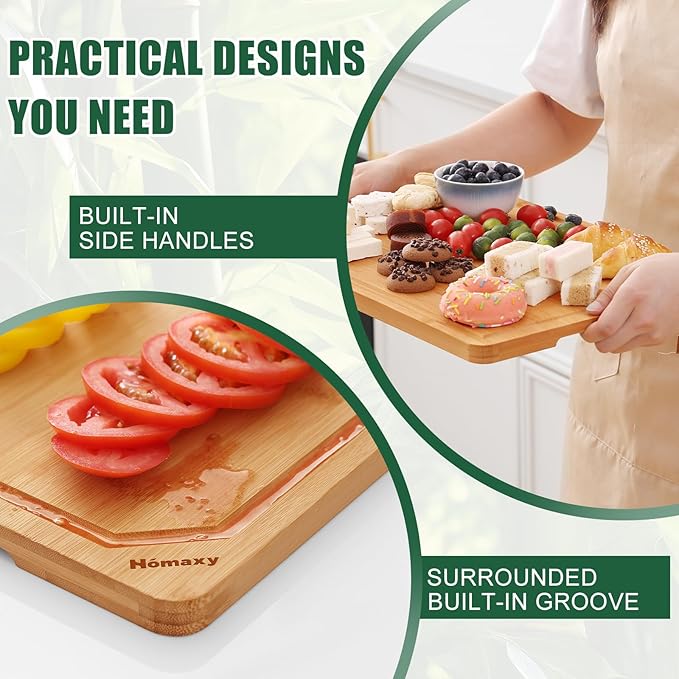 Homaxy Organic Bamboo Cutting Boards Set for Kitchen Set of 2 | Wooden Cutting Board Set with Juice Groove and Handles, Charcuterie Butcher Block Serving & Chopping Board, Pre Oiled