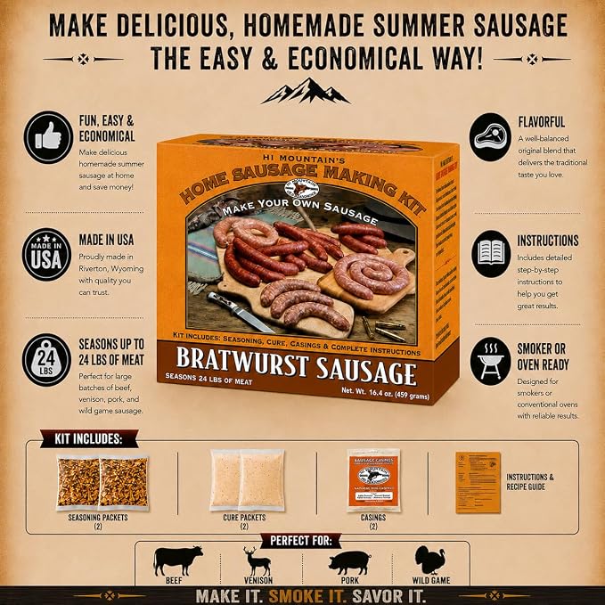 Hi Mountain BRATWURST Kit | Makes up to 24 lbs | Complete bratwurst seasoning kit with cure, natural hog casings & directions. Perfect for pork, beef, venison, deer, & elk