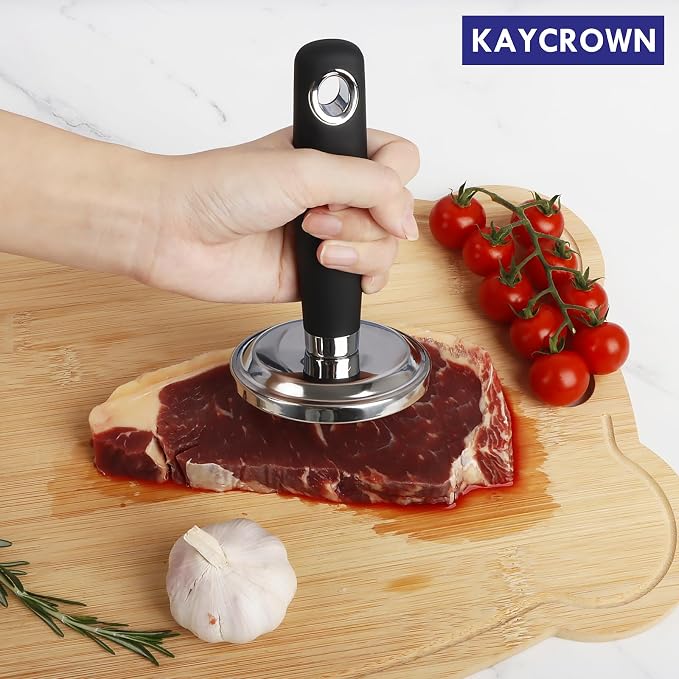 Meat Pounder Tenderizer, Stainless Steel Kitchen Meat Tenderizer Hammer, Round Chicken Flattener Tool with Comfortable-Grip Rubber Handle for Flattening Cutlets and Tenderizing Meat