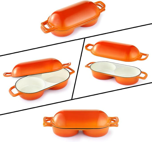 Double Dutch Oven for Bread Baking - Enamel Cast Iron Double Dutch Oven with Two 16.5cm Round Loaf Spaces, 500°F Heat Safe, Lid Skillet, Ideal Sourdough Bread Pan