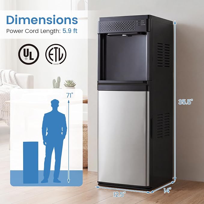 COSTWAY Water Dispenser with Ice Maker, 3 in 1 Bottom Loading Water Cooler for 5-Gal Bottle, Stainless Steel Hot and Cold Water Dispenser, 9 Cubes/7 Min, 33 LBS/24H Bullet Ice Cubes, Child Lock