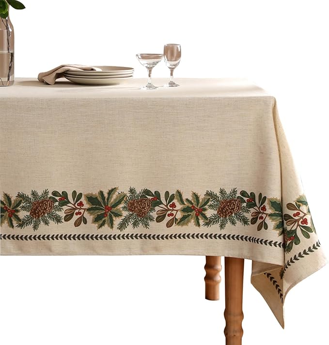 ISAENNE Designer Christmas Linen Long Rectangle Tablecloth,Light Beige Western Table Cloth,Wrinkle Resistant Decor Tablecloths for Dining Thanksgiving Kitchen Christmas,63"*94"-Carol G