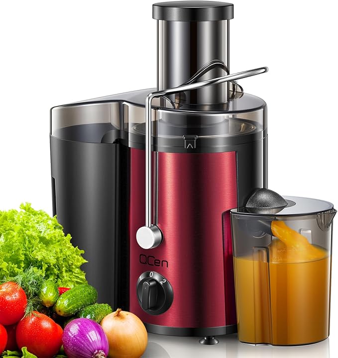 QCen Juicer Machine 500W Centrifugal Juicer with Extra Wide Feed Chute | For Fruits And Vegetables, Stainless Steel, BPA-Free Parts, Easy To Clean, Metallic Red, Countertop Juicer