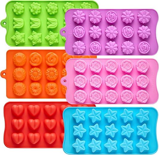 6 Pcs Flower Silicone Chocolate Molds Set, 15-Cavity Rose Heart Star Candy Mold Different Shapes Silicone Molds for Chocolate, Candy, Ice Cube, Butter, Jello