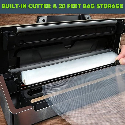 Precision Vacuum Machine,Pro Food Sealer with Built-in Cutter and Bag Storage(Up to 20 Feet Length), Both Auto&Manual Options,2 Modes,Includes 2 Bag Rolls 11”x16’ and 8”x16’,Compact Design