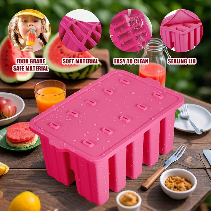 Homemade Popsicles Molds, Food Grade Popsicle Molds for Kids, 10 Cavity Non-BPA Silicone Ice Pop Maker, Reusable Silicone Popsicle Molds with 50 Stick, 50 Bags, Funnel (Pink)