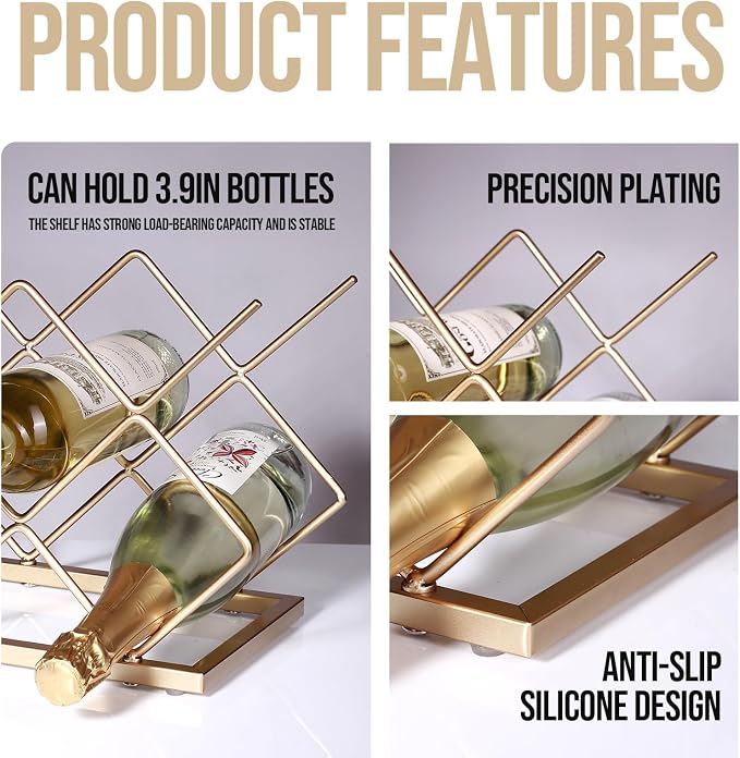 Countertop Wine Rack - 5 Bottle Freestanding Modern Gold Metal Small Wine Rack - Tabletop Wine Holder Stand for Cabinet, Pantry, Wine Bottle Storage… (Large Size-Gold 5btl)