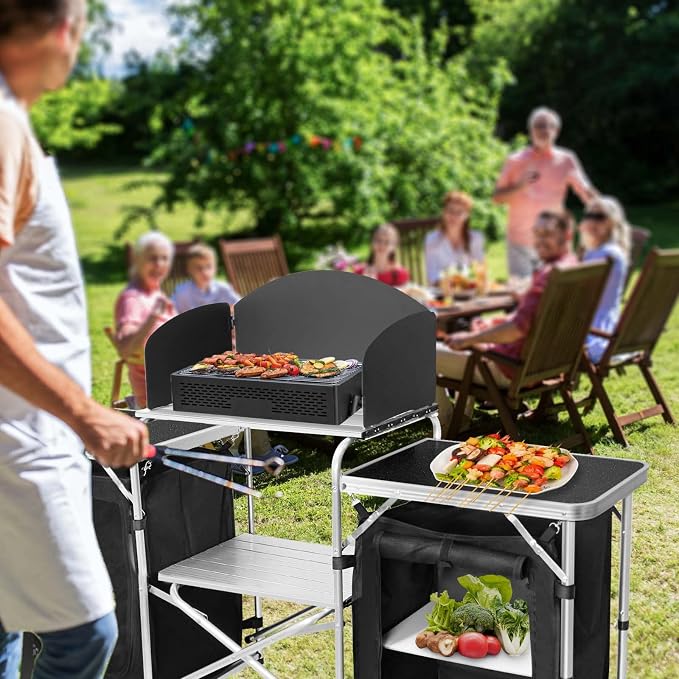 CampLand Folding Camping Kitchen Table with Windscreen,Portable Outdoor Cooking Station with Storage Cabinet & Side Tables Heavy Duty Camp Cook Station for Camping & BBQ (Black2cabinet)