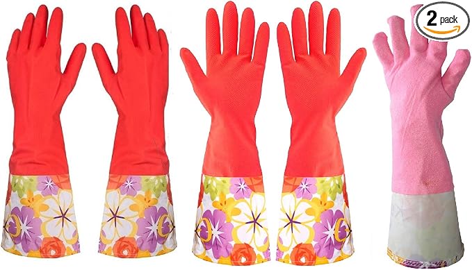 Kitchen Rubber Cleaning Gloves with Warm Lining Household Thickening PU Waterproof Dishwashing Latex Glove Large 2 Pairs