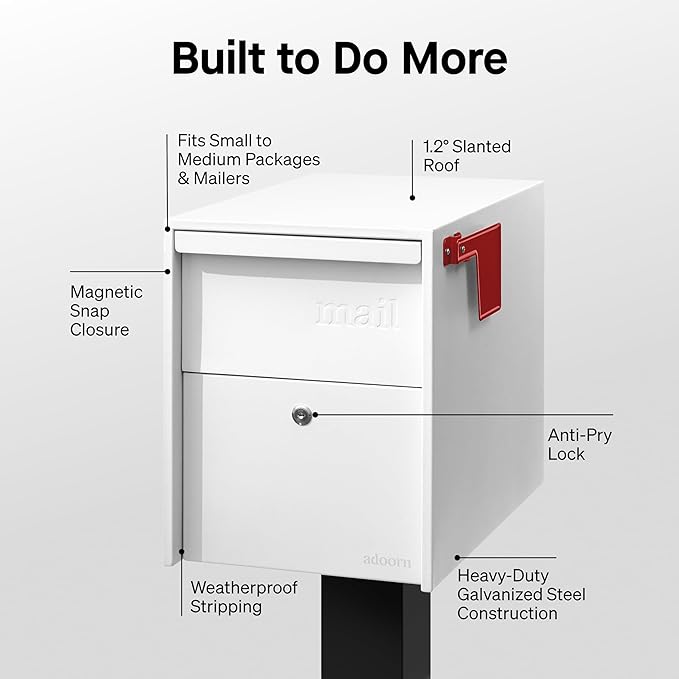 Adoorn Lockable Post Mount Mailboxes for Outside - Large Anti-Theft Locking Mailbox for Packages and Letters - Weatherproof Construction - Durable Steel - 15.5" H x 12" W x 18.5" D - White