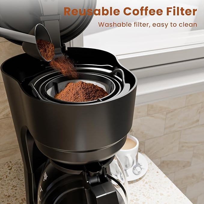 WAA 5 Cup Drip Coffee Maker, Portable Coffee Machine with Programmable Timer, Coffee Pots with Reusable Filter, Auto Shut-Off and Keep Warm Plate, Delay Brew, 25oz Water Tank, Black