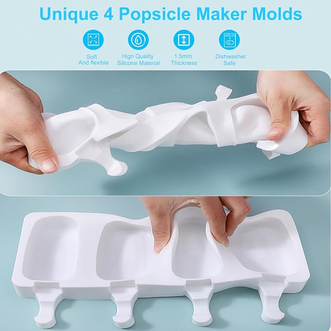 2 pcs Popsicle Molds, Large 4 Cavities Cake Pop Silicone Molds Ice Cream Cakesicle Molds for DIY Popsicle with 100 Wooden Sticks