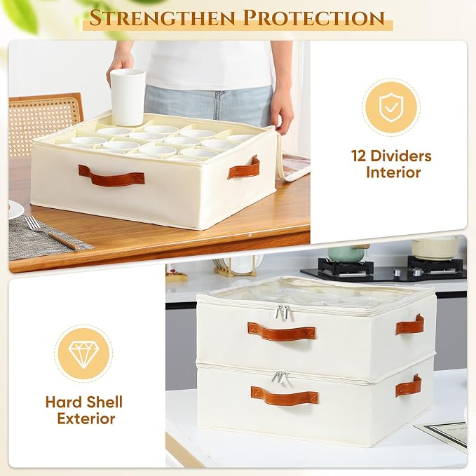 Foyego Cup and Mug Storage Box, Beige | 16 Adjustable Dividers, Hard Shell, with Transparent Lid, 3 Handles, Zippers, Stackable Storage Organizers for Packing&Moving