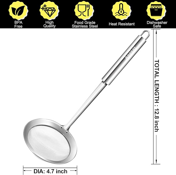 Anaeat 4.7" Stainless Steel Fat Skimmer Spoon - Professional Kitchen Fine Mesh Food Strainer and Hot Pot Skimmer with Long Handle for Skimming, Cooking, Frying, Grease, Gravy and Foam
