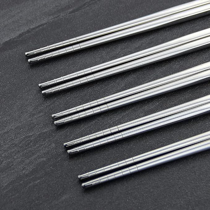 IQCWOOD 304 Stainless Steel Chopsticks 5 Pairs, Lightweight Non-Slip Metal Chopsticks Reusable, Stylish Korean Japanese Style, Dishwasher Safe 9.25" Restaurant Quality Gift Set for Family (Silver)