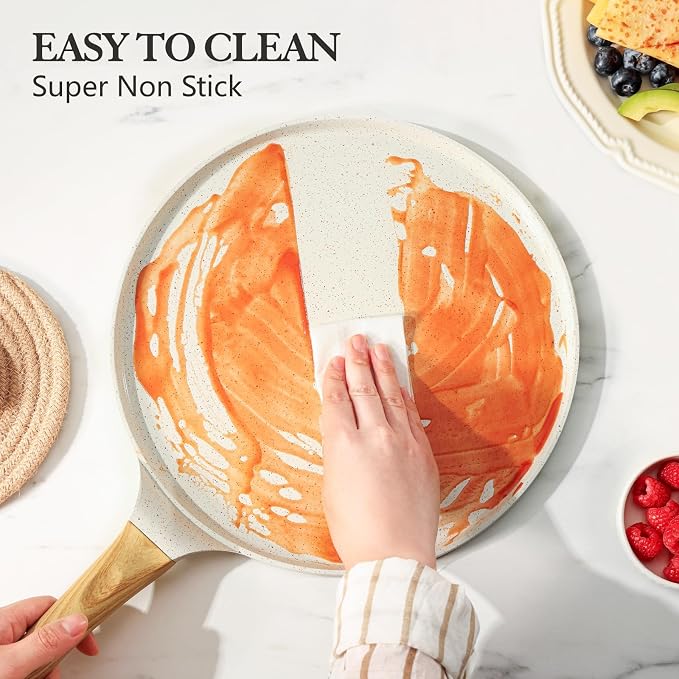 SENSARTE 10 Inch Nonstick Crepe Pan Ceramic Coating Pancake Pan White | Natural Ceramic Coating Dosa Pan Pancake Flat Skillet Tawa Griddle with Stay-Cool Handle, Induction Compatible