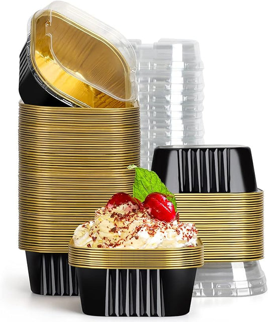 EUSOAR Disposable Ramekins with Lids, 10oz 100pcs Black Gold Aluminum Foil Baking Cups Tins Liners for Pie Quiche Soufflé Creme Brulee, Cake Pan Custard Cups Set for Gathering Dinner Wedding Banquets