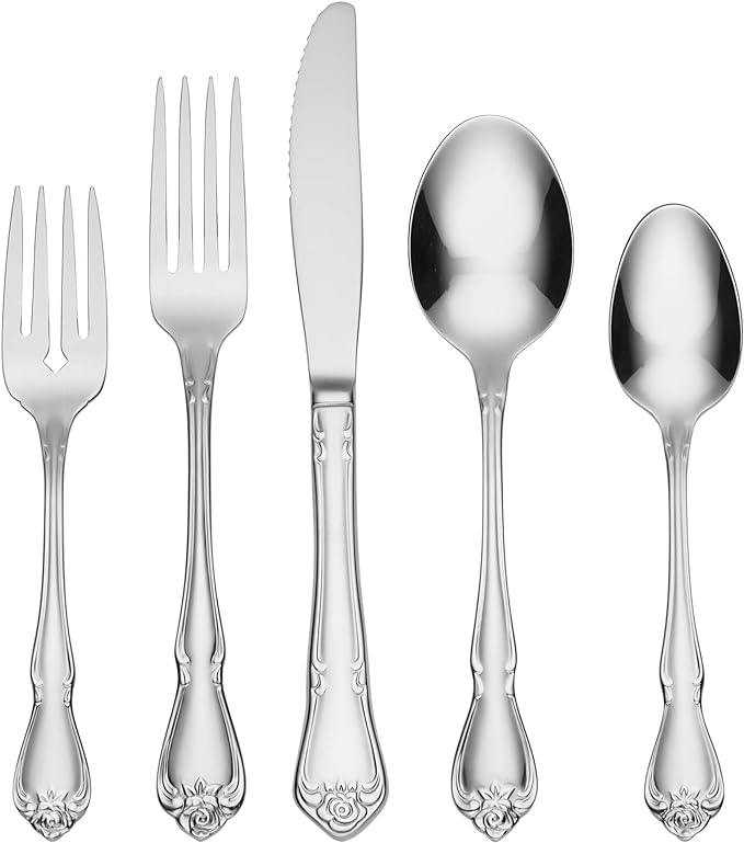 Oneida True Rose 45 Piece Everyday Flatware, Service for 8, 18/0 Stainless Steel, Silverware Set, Silver